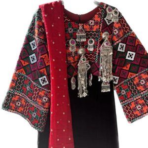 Black and Red Afghan Kuchi Dress, 3 Piece, Traditional, Size Medium